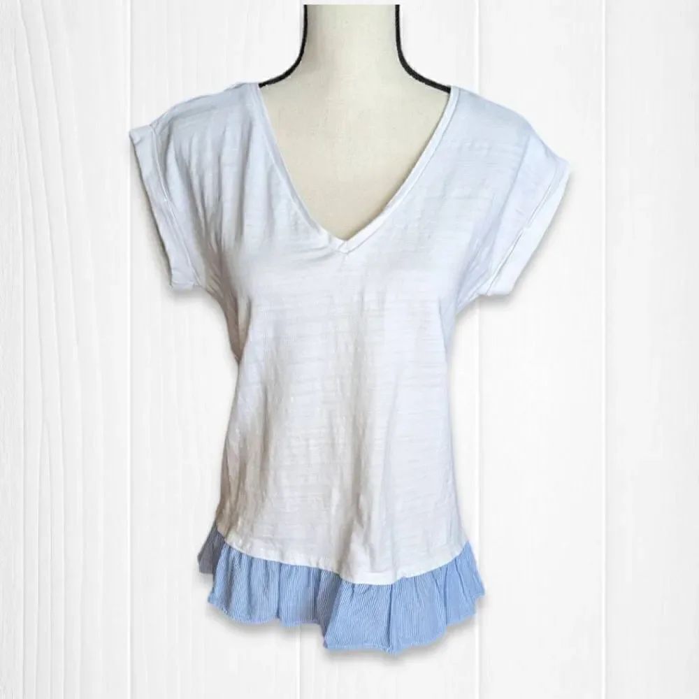 Loft Womens Top Layered Ruffled Hem Cap Sleeve White Medium Petite